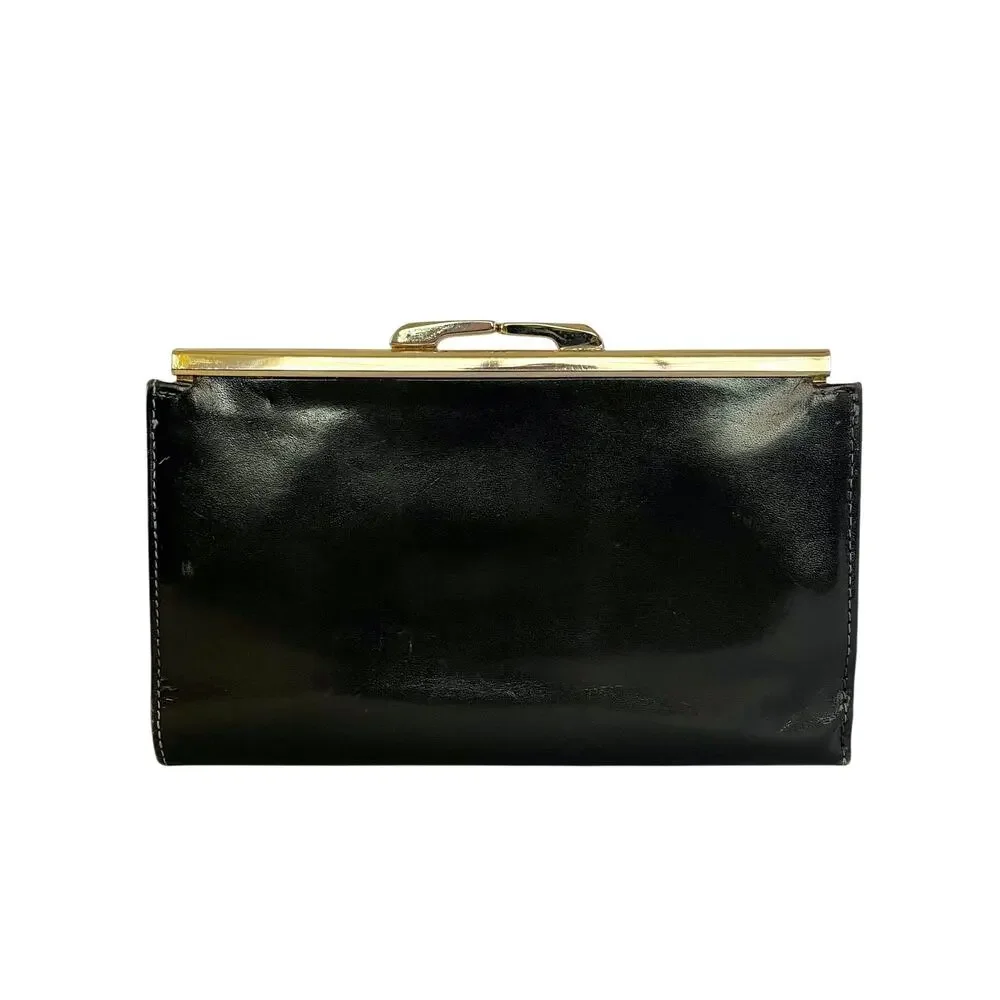 Vintage Bosca Black Full Grain Leather Continental Checkbook Frame Clutch Wallet